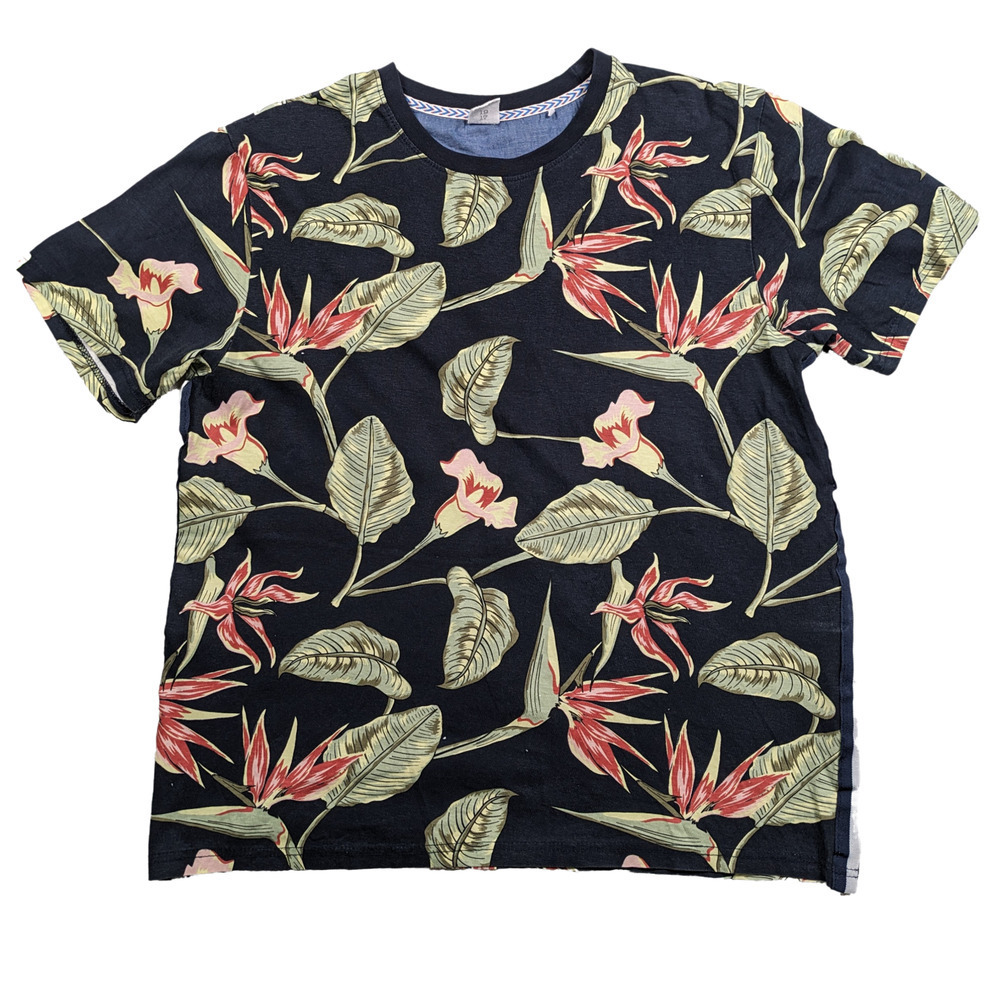 Sovereign Code Men's Tropical Print T Shirt with Stripe Trim Size L